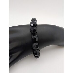Unsigned Faceted Jet Black Bead Stretch Bracelet Goth Minimalist Dark Academia